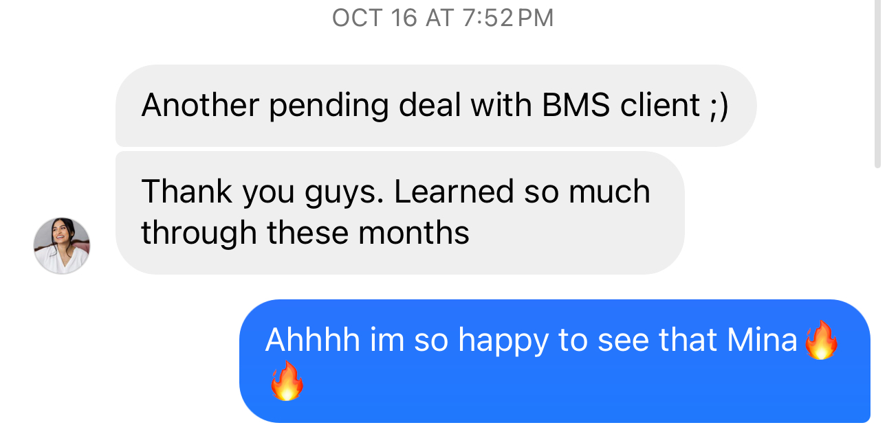 Message from agent Mina reporting another pending deal with a BMS client