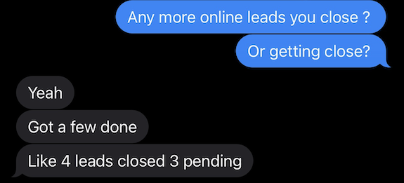 Text message reporting four leads worked: one closed and three pending