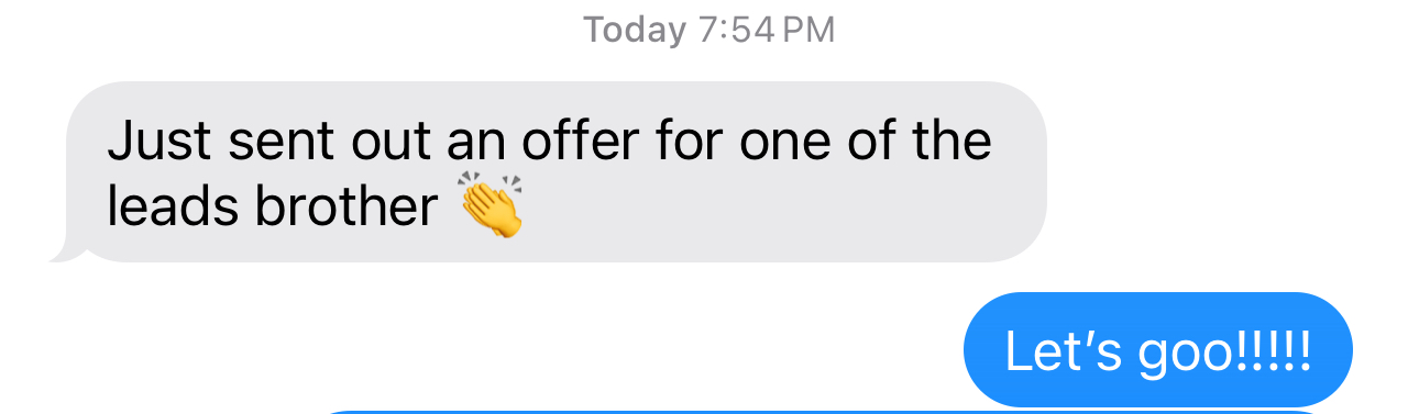 Text message from an agent sending an offer for one of their leads