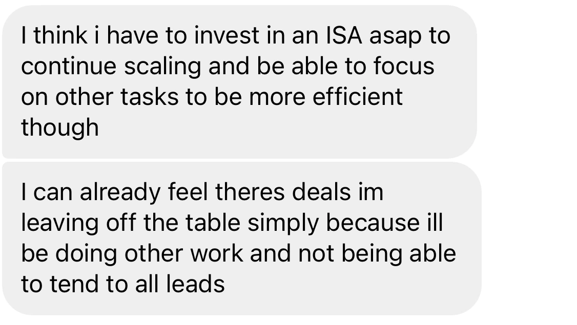 Message from an agent scaling to the point of needing to hire an inside sales agent