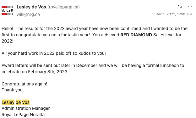 Email from Royal LePage Noralta's administration manager confirming Red Diamond sales level for 2022
