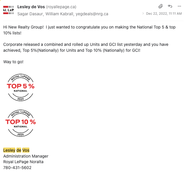 Email from Royal LePage confirming Top 5% nationally for units and Top 10% nationally in 2022